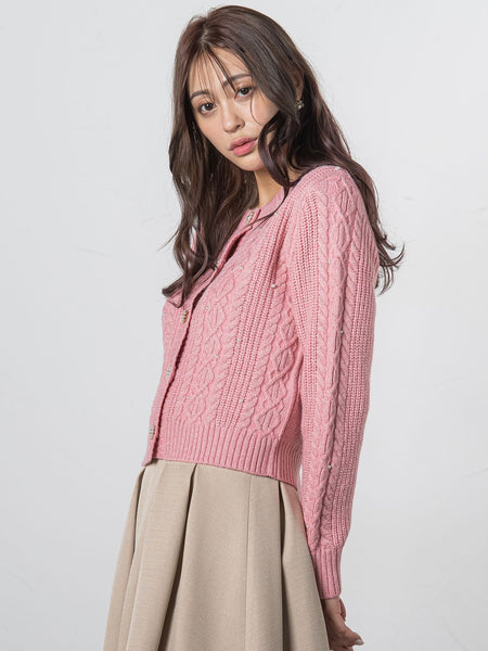ケーブル編みパールカーディガン≪手洗い可能≫