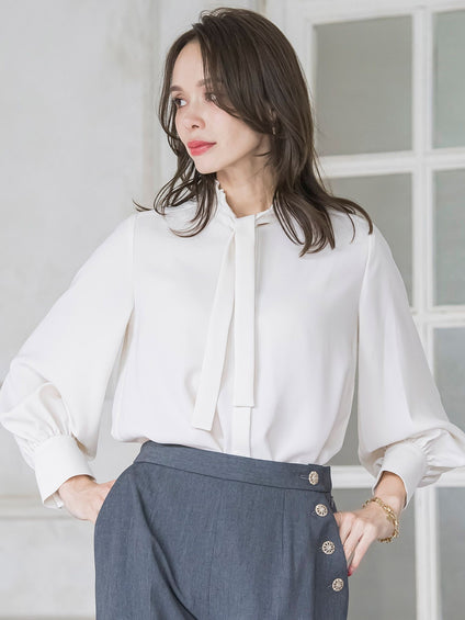 フリルネックボウタイブラウス≪洗濯機で洗える≫