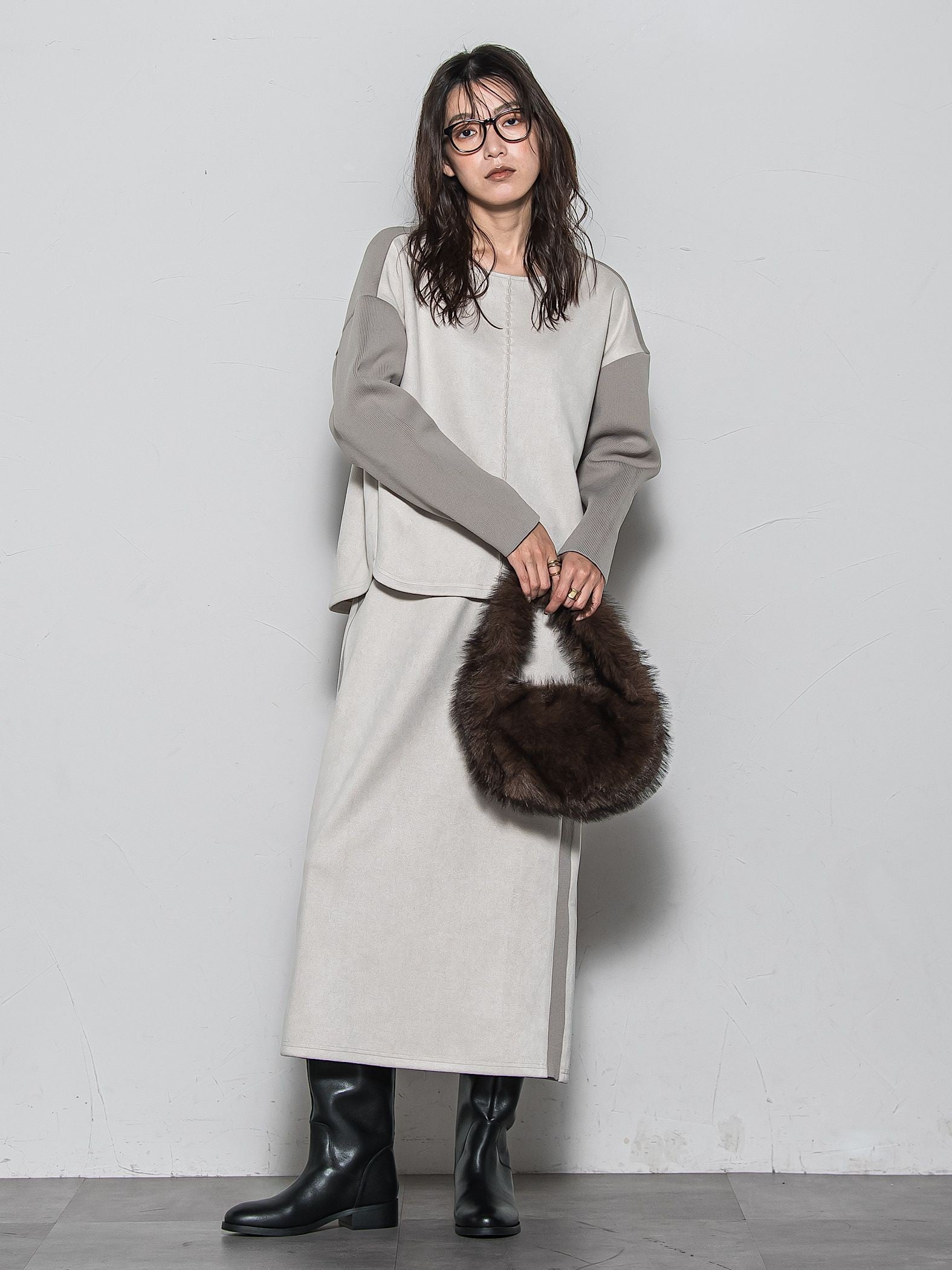 【新色追加】スウェード調×ニットスカートセットアップ≪手洗い可能≫