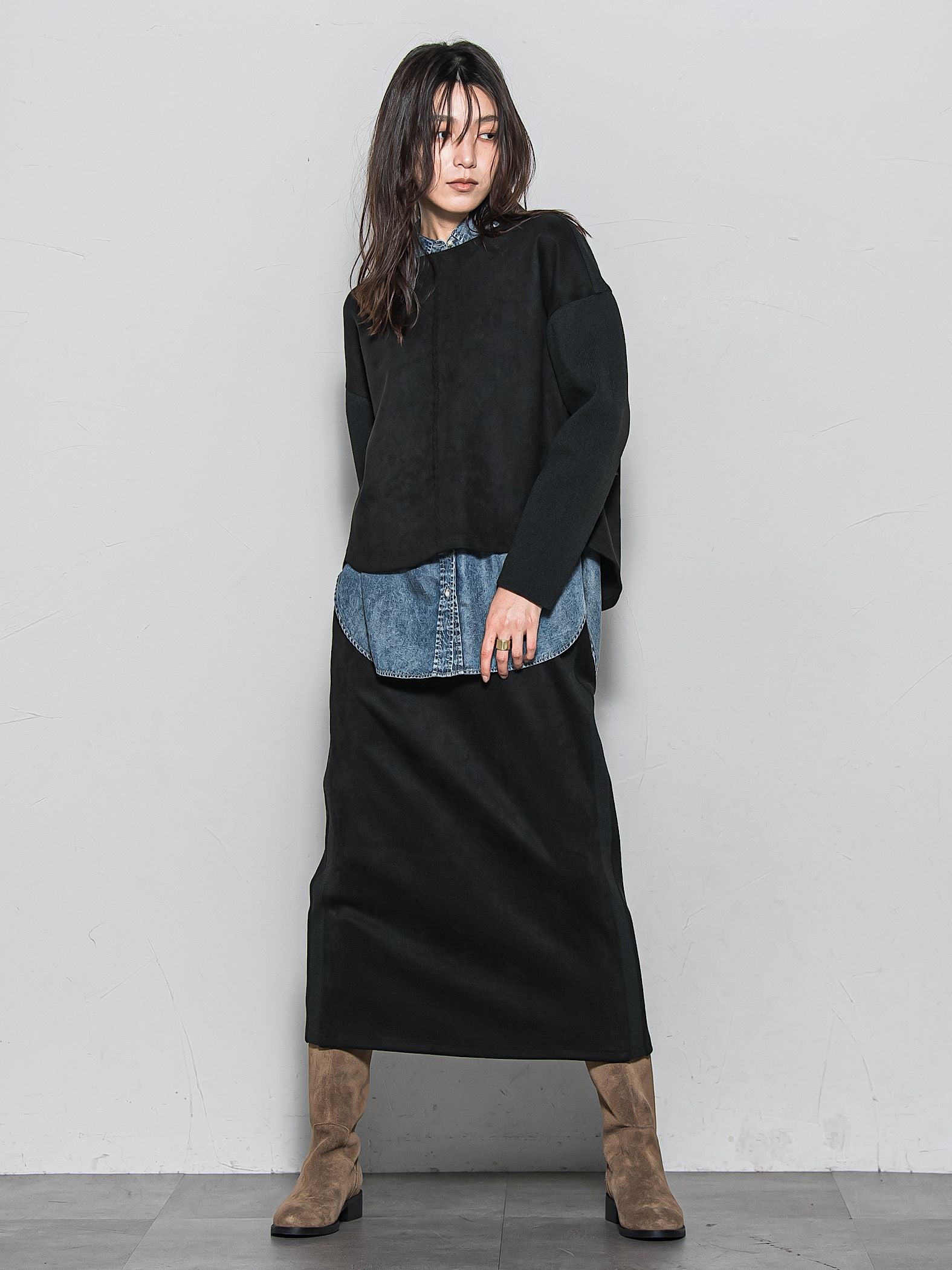 【新色追加】スウェード調×ニットスカートセットアップ≪手洗い可能≫