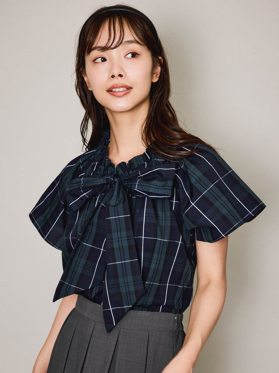 236◆チェックリボン襟ブラウス＆チェックプリーツスカート（夏）Ｗ63◆扇町商業