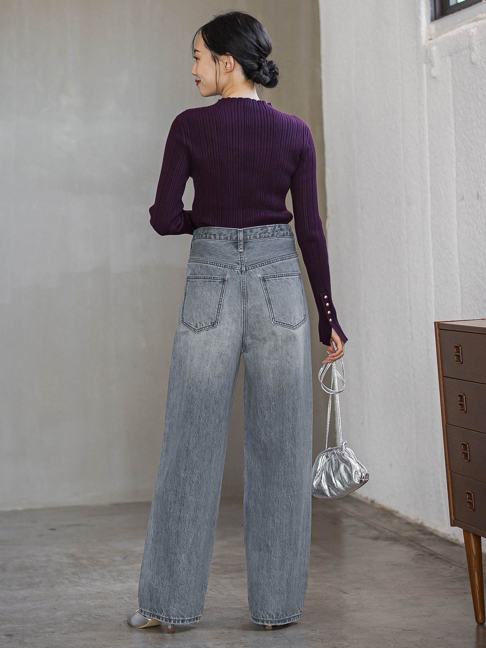 【新色追加】袖ボタンランダムリブニット≪手洗い可能≫