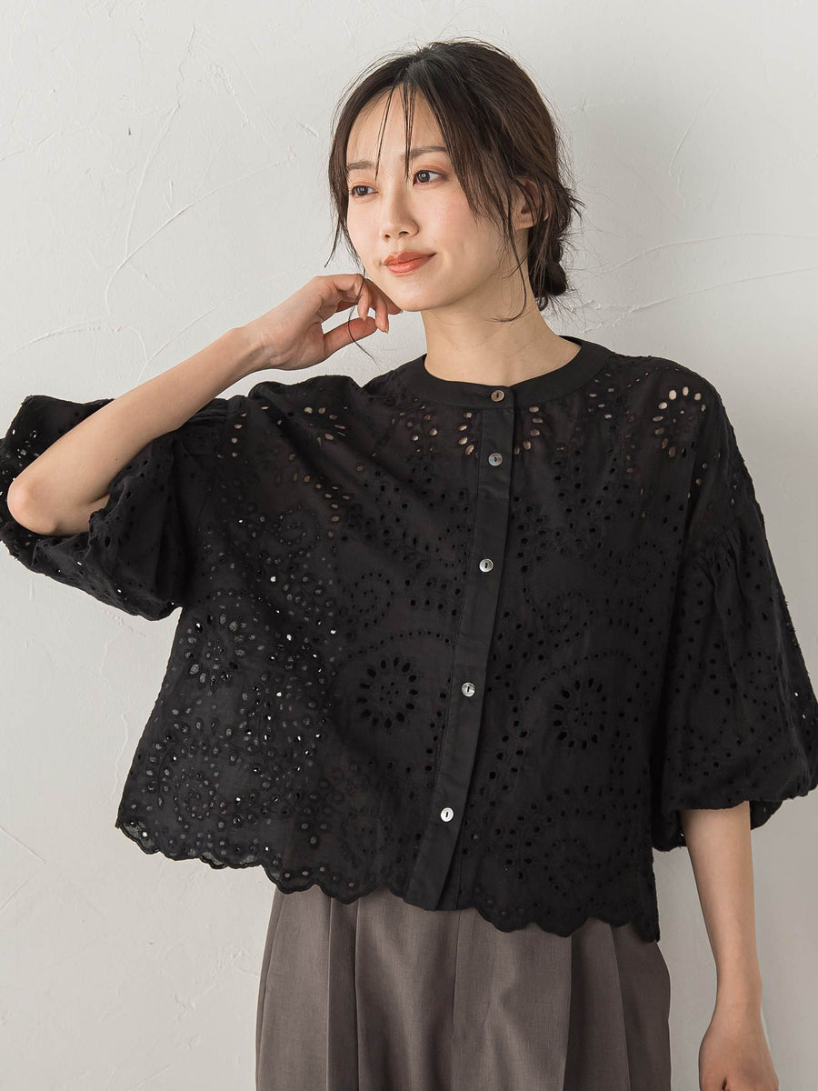 カットワーク刺繍バンドカラーブラウス | Droite lautreamont