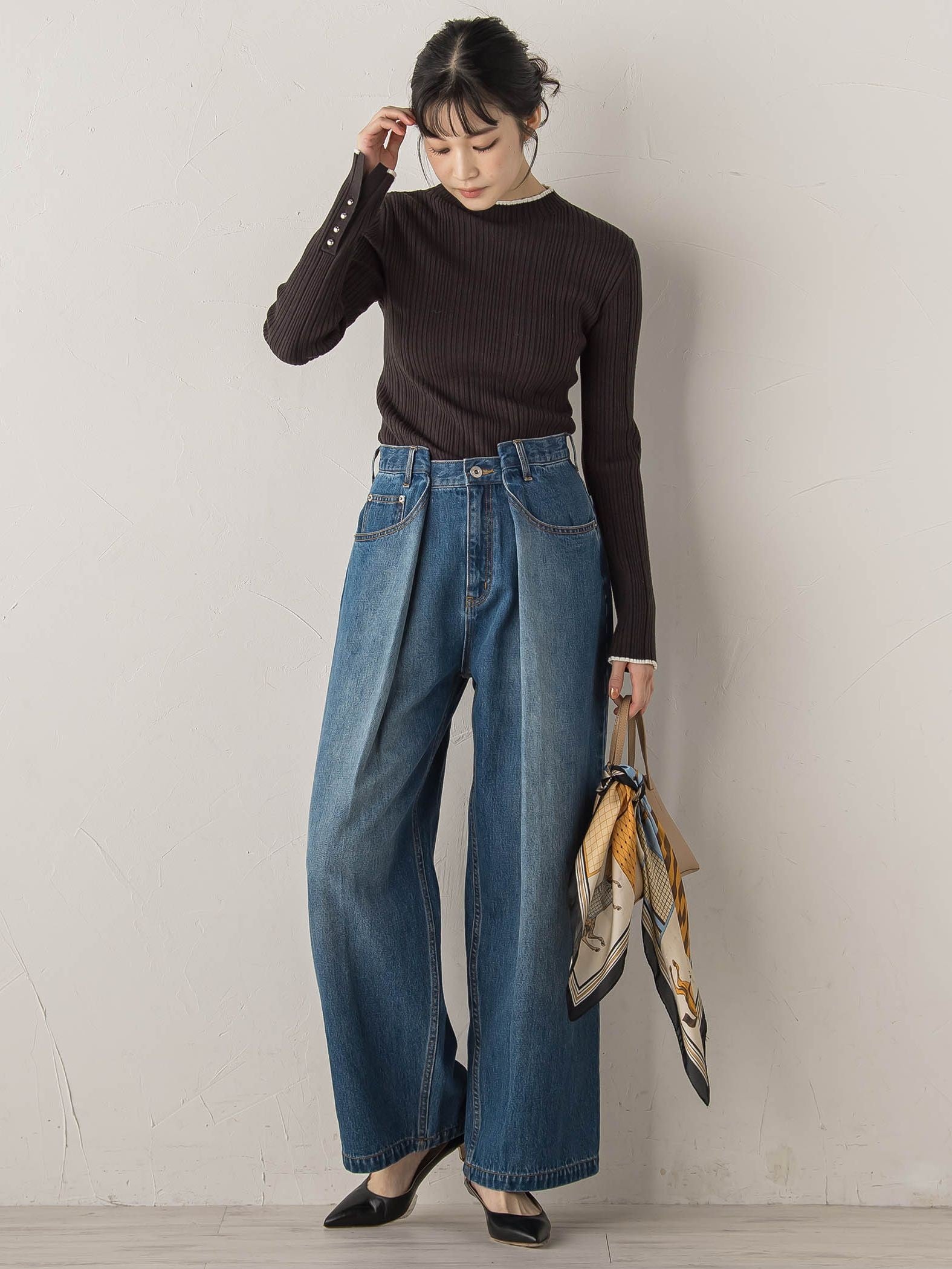 【新色追加】袖ボタンランダムリブニット≪手洗い可能≫