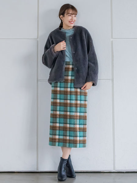 起毛シャギーチェックロングタイトスカート