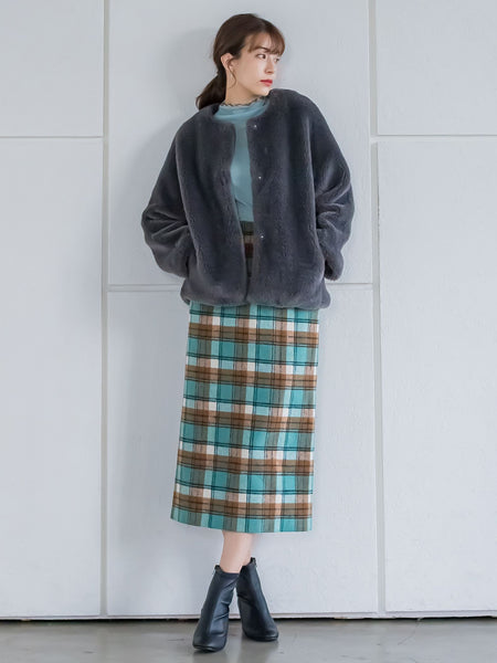起毛シャギーチェックロングタイトスカート