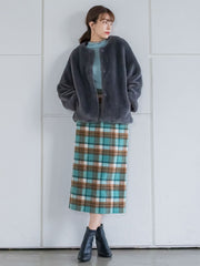起毛シャギーチェックロングタイトスカート