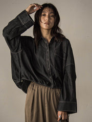 【WEB限定】ドロストクロップドデニムシャツ≪洗濯機で洗える≫
