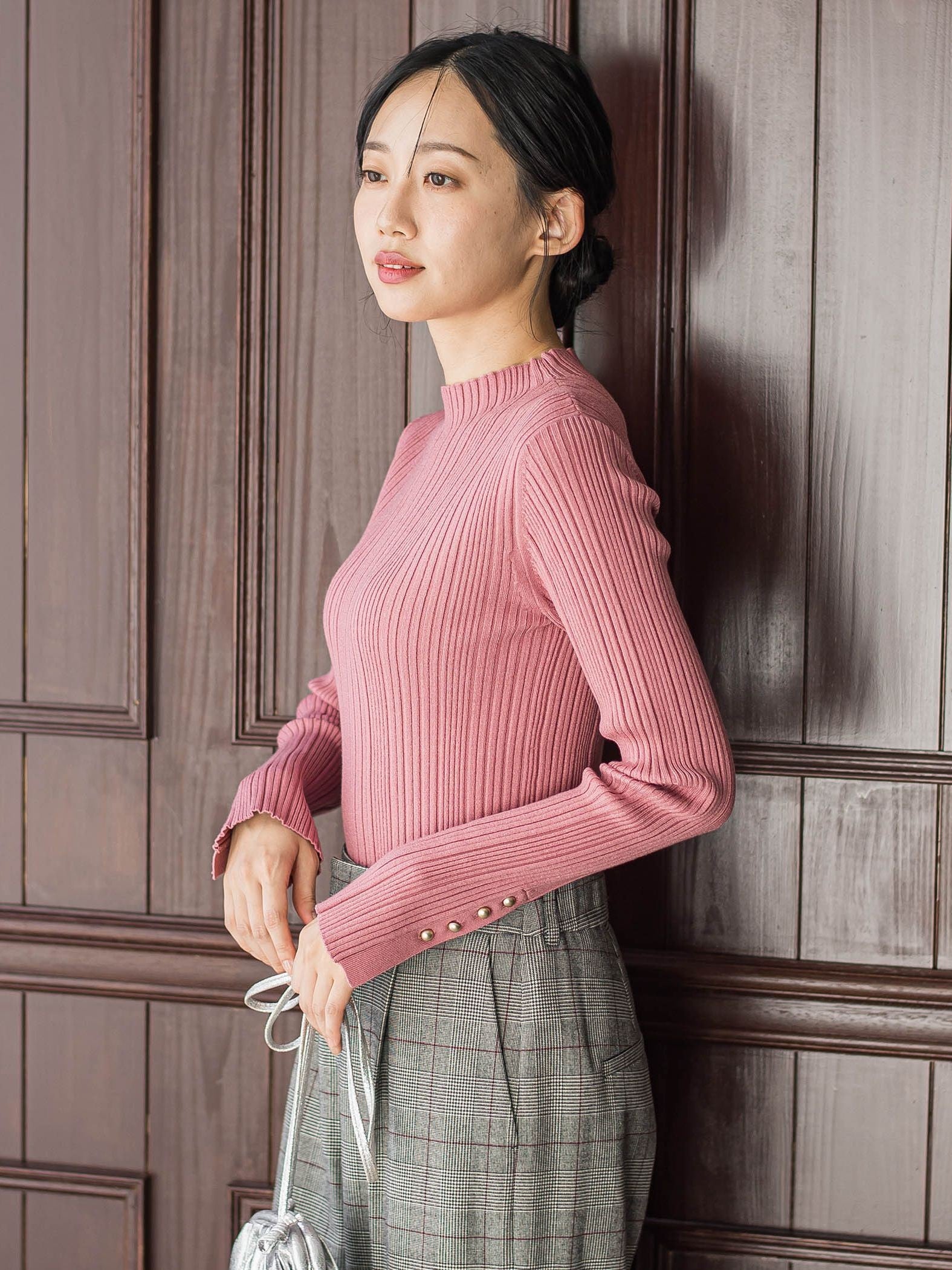 【新色追加】袖ボタンランダムリブニット≪手洗い可能≫