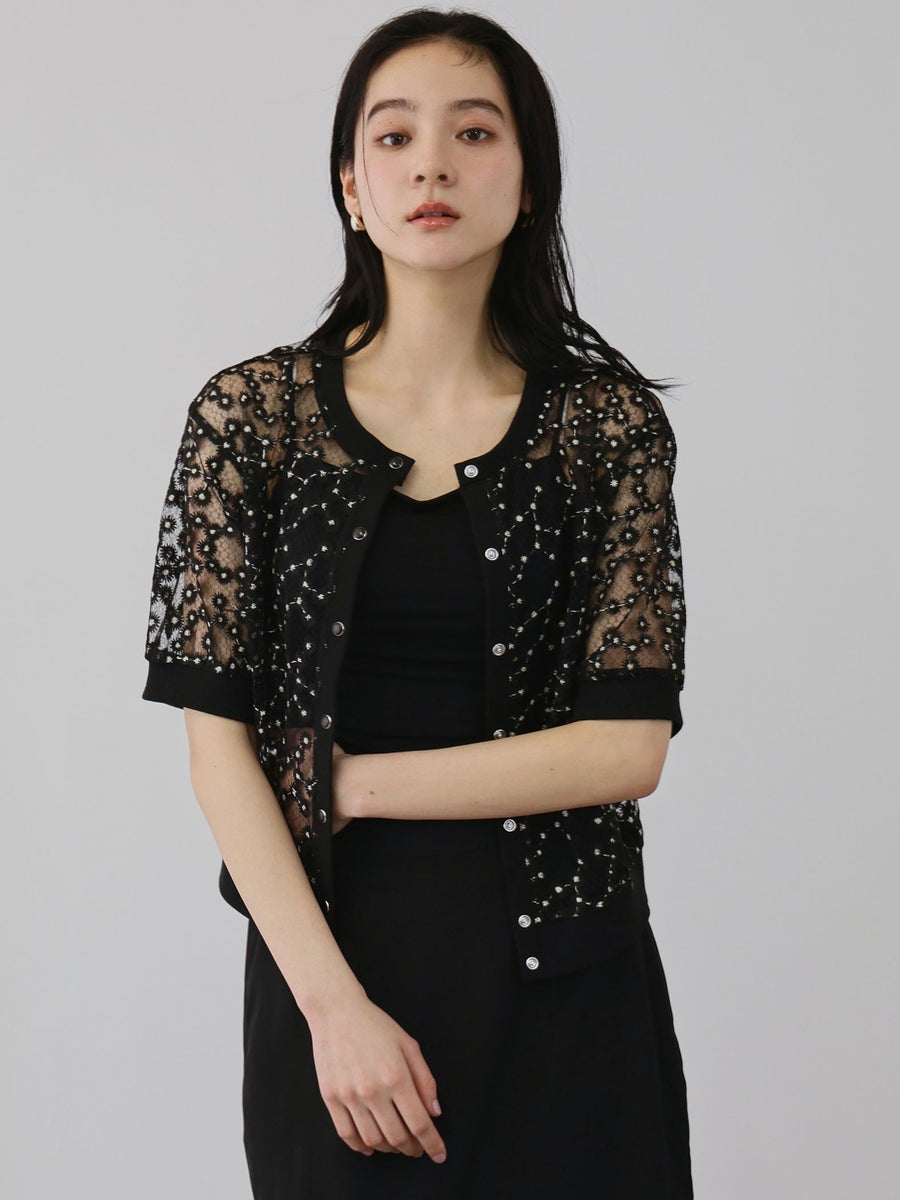 VIVIENNE TAM ✨ブラック カーディガン コットンシルクフラワー刺繍 フラワー刺繍テキスタイルハーフスリーブカーディガン | QUEENS COURT