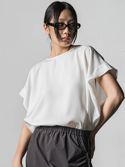 ポリエステルストレッチスリーブギャザーブラウス