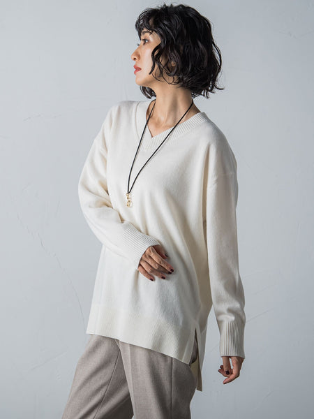 【洗えるニット】ウールカシミヤVネックニットプルオーバー