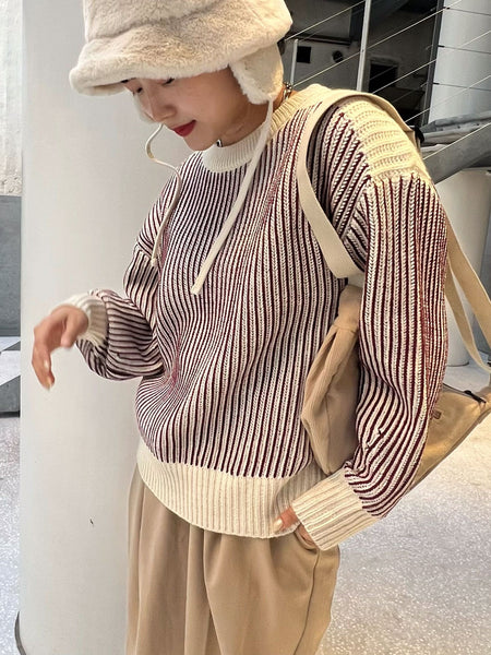 【ふわふわ着心地】配色畦編みニット《手洗い可能》