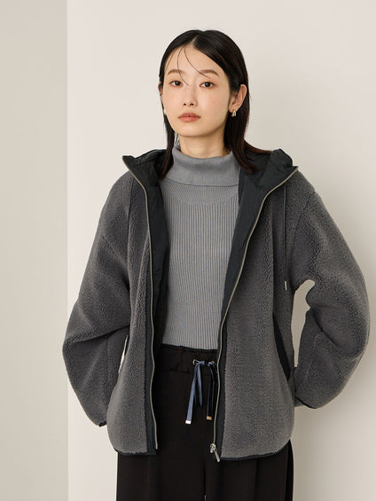 配色ボアフーディコクーンブルゾン