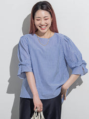 【WEB限定】ラメストライプ袖タックブラウス ≪手洗い可能≫