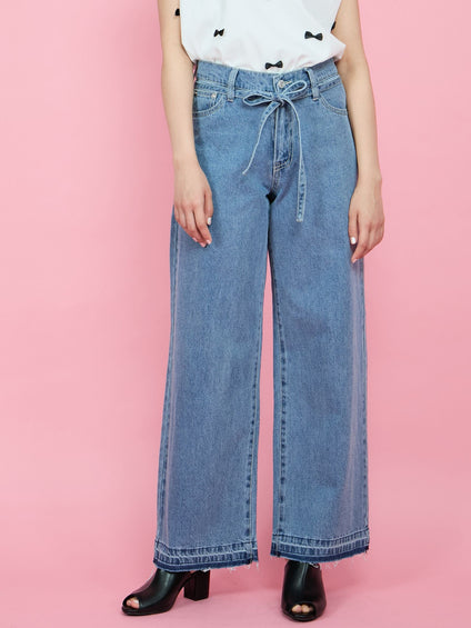 紐ベルト付デニムワイドパンツ≪手洗い可能≫