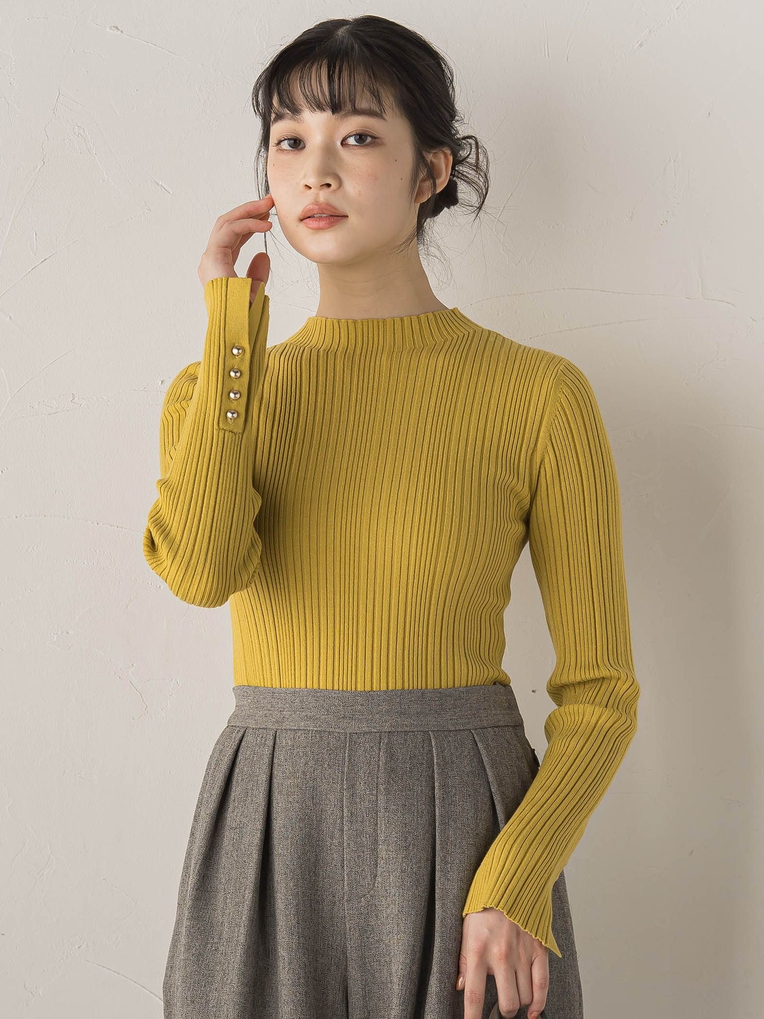 【新色追加】袖ボタンランダムリブニット≪手洗い可能≫