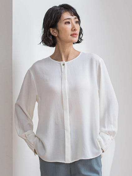 メランジツイルノーカラーブラウス≪洗濯機で洗える≫