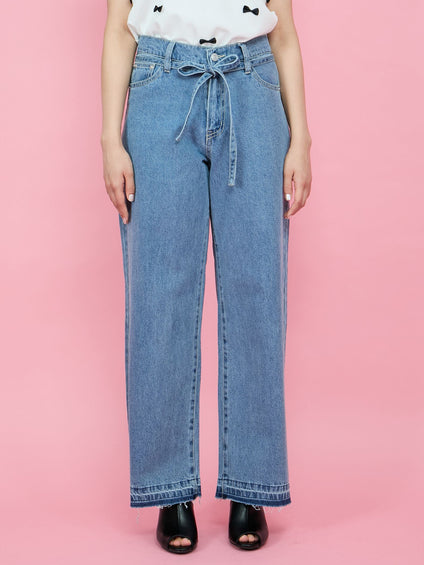 紐ベルト付デニムワイドパンツ≪手洗い可能≫