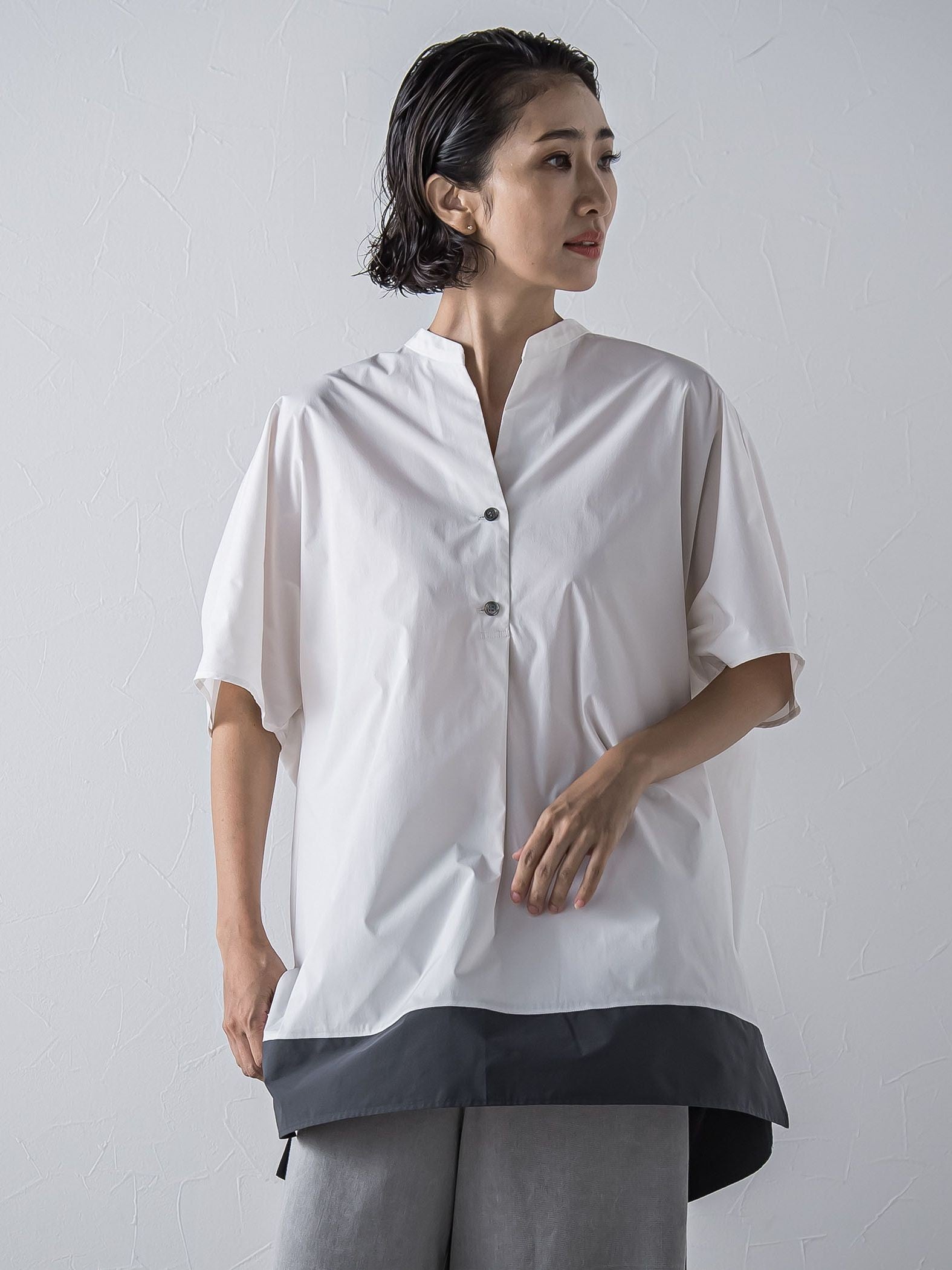 裾配色スキッパーシャツ≪洗濯機で洗える≫