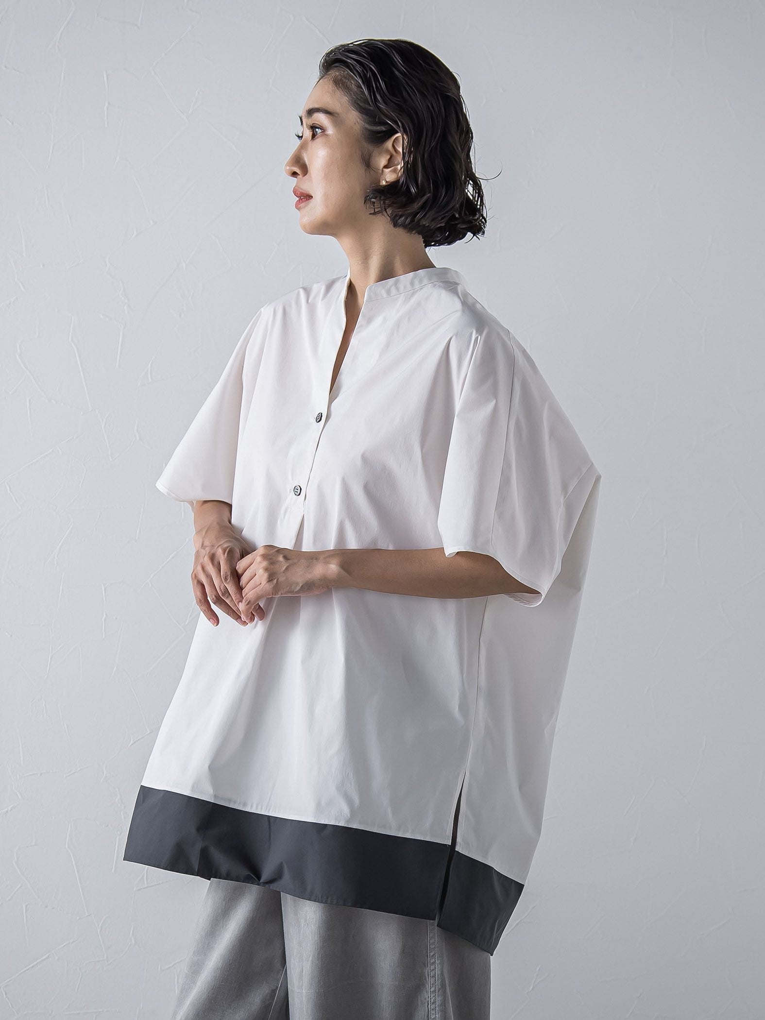 裾配色スキッパーシャツ≪洗濯機で洗える≫