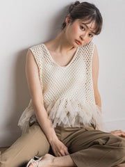 裾チュールメッシュベスト≪手洗い可能≫
