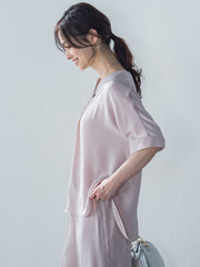 【WEB限定】サテンフィールキーネックブラウス≪セットアップ対応/洗濯機で洗える≫