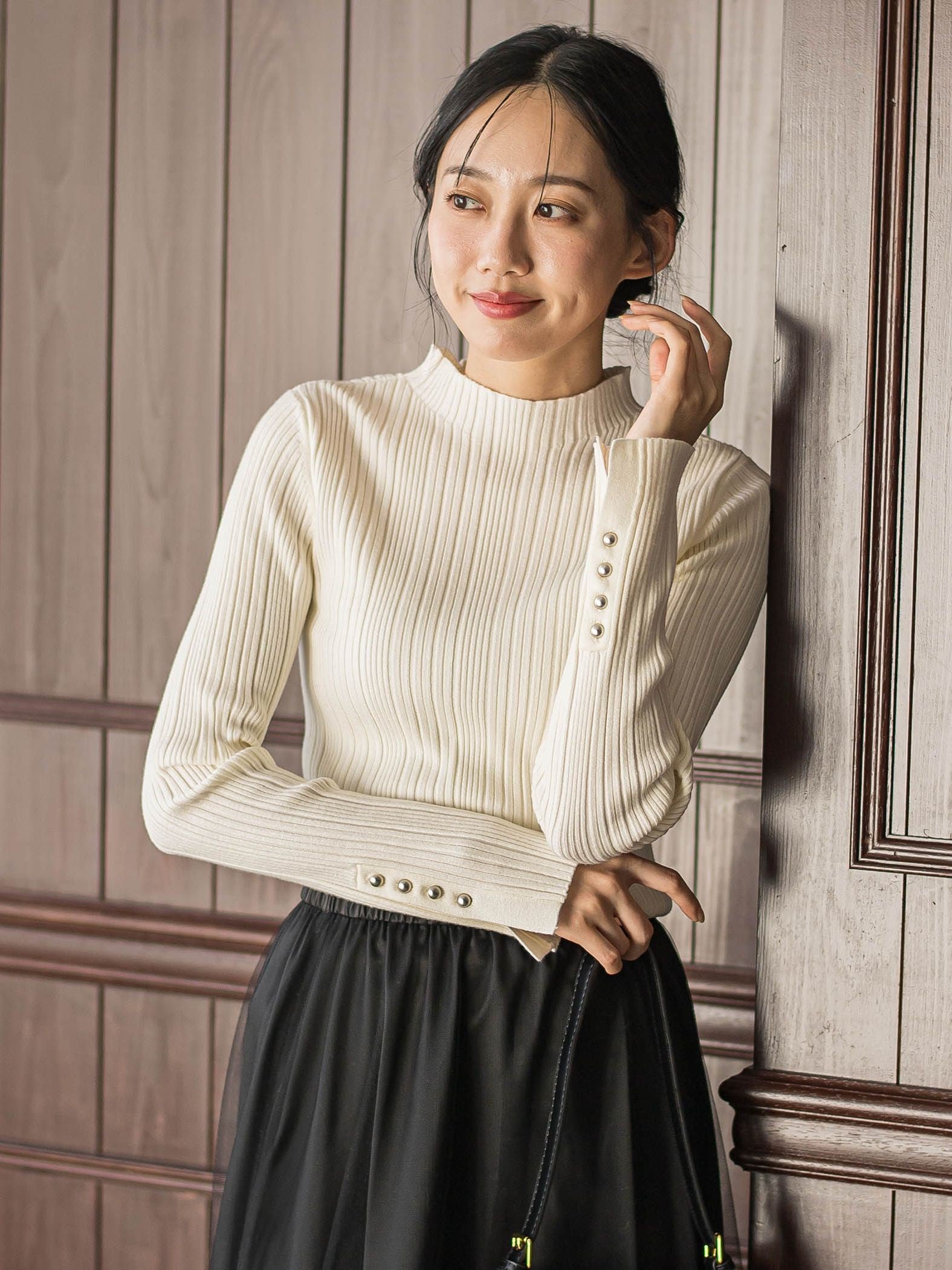 【新色追加】袖ボタンランダムリブニット≪手洗い可能≫