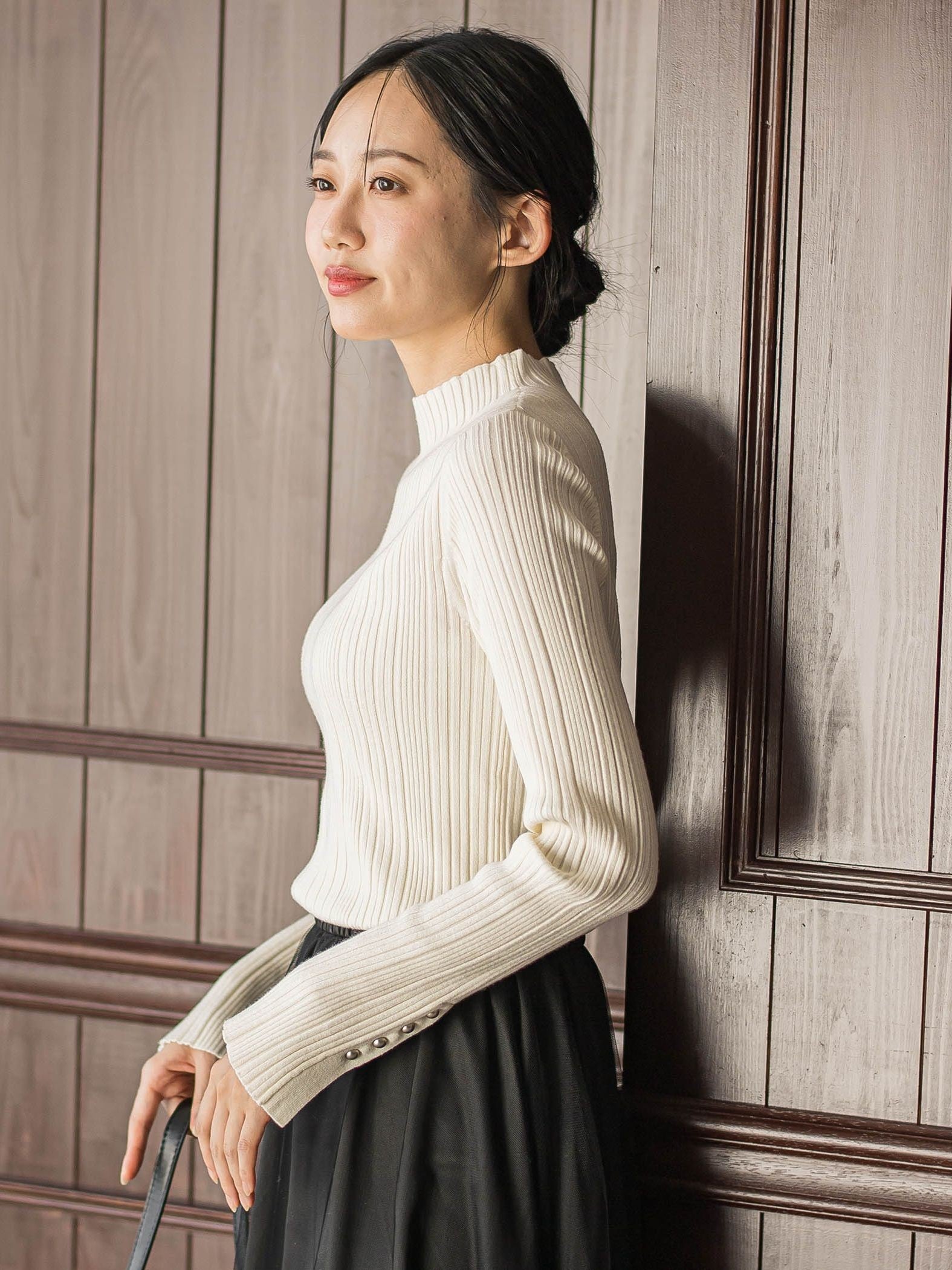 【新色追加】袖ボタンランダムリブニット≪手洗い可能≫