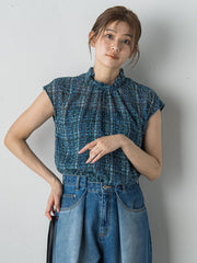 【WEB限定】カットジャガードチェックプリントブラウス