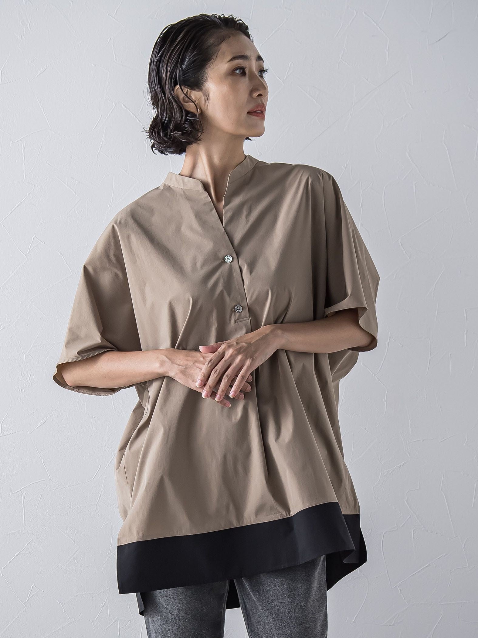 裾配色スキッパーシャツ≪洗濯機で洗える≫