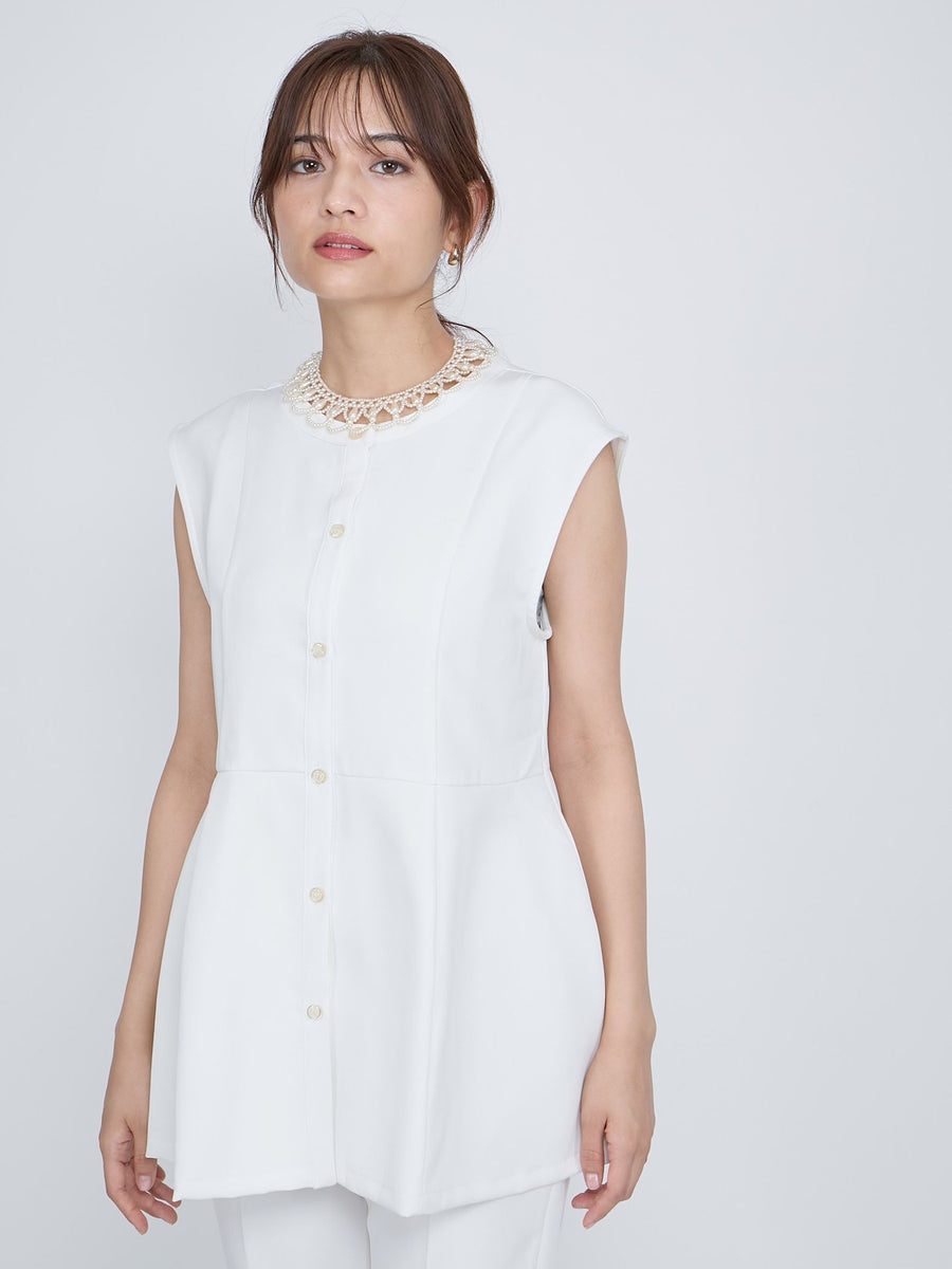 ノーカラーペプラムブラウスジレ≪セットアップ対応/手洗い可能