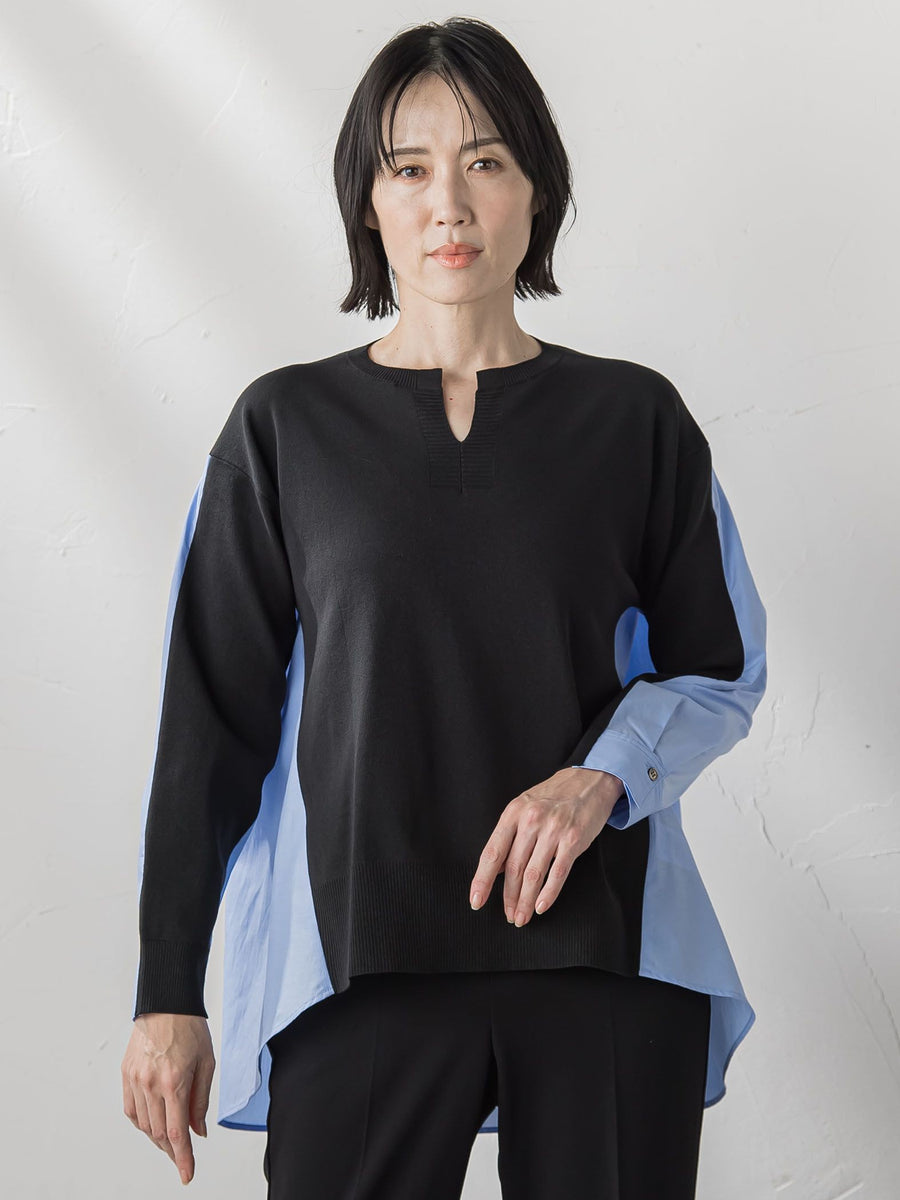 EMPORIO ARMANI PVCレザー切り替え ドライバーズニット S セーター バージンウールジャカード ツートン刺繍ステッチ