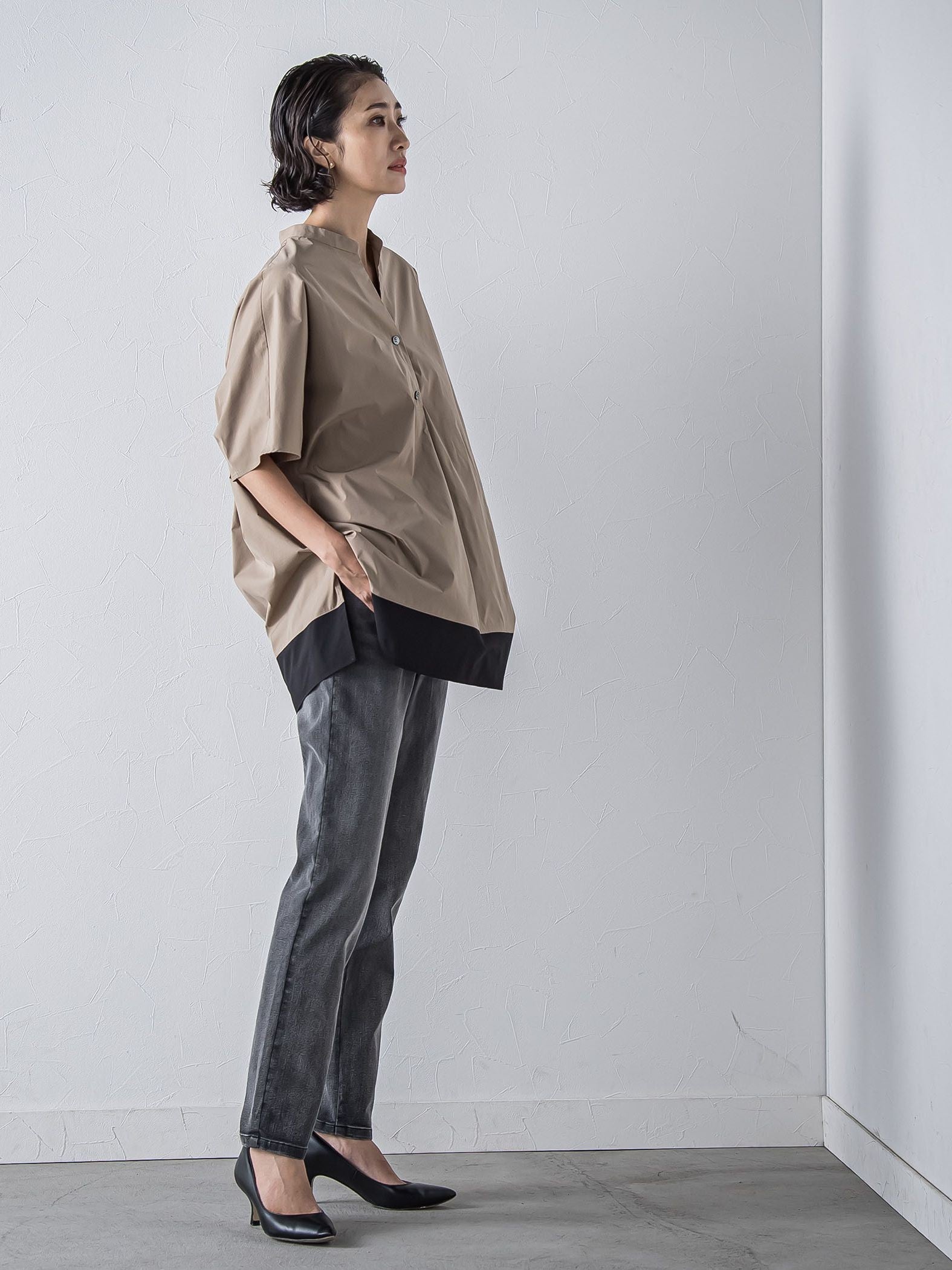 裾配色スキッパーシャツ≪洗濯機で洗える≫