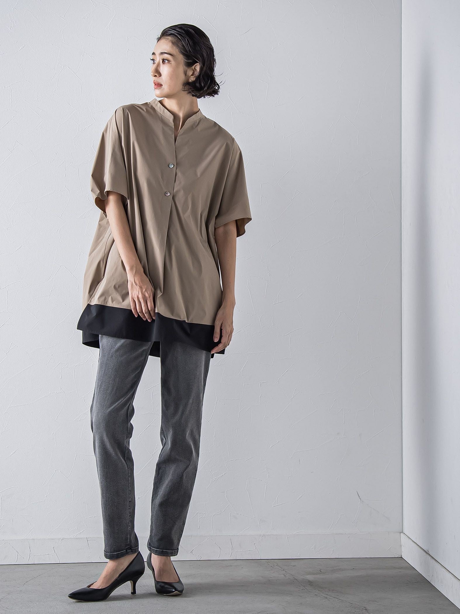 裾配色スキッパーシャツ≪洗濯機で洗える≫