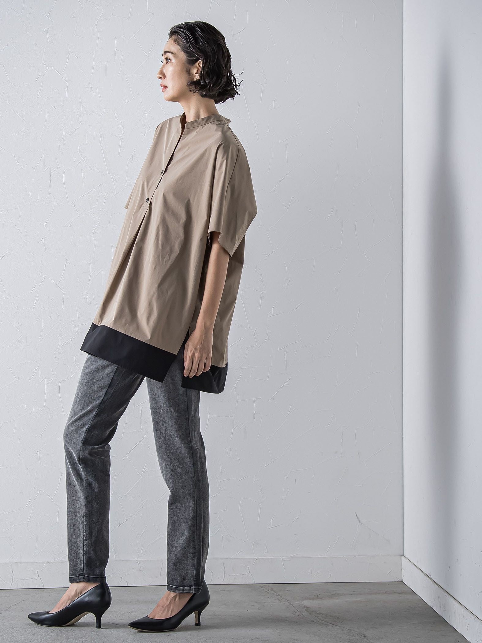 裾配色スキッパーシャツ≪洗濯機で洗える≫