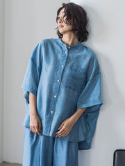 【大きいサイズ】【biyori】”風をまとう、大人のシアー”デニムシャツ≪洗濯機で洗える≫