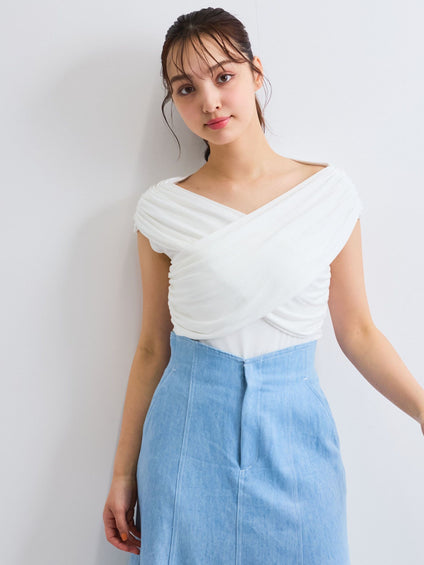 フロントクロスオフショルカットトップス≪手洗い可能≫