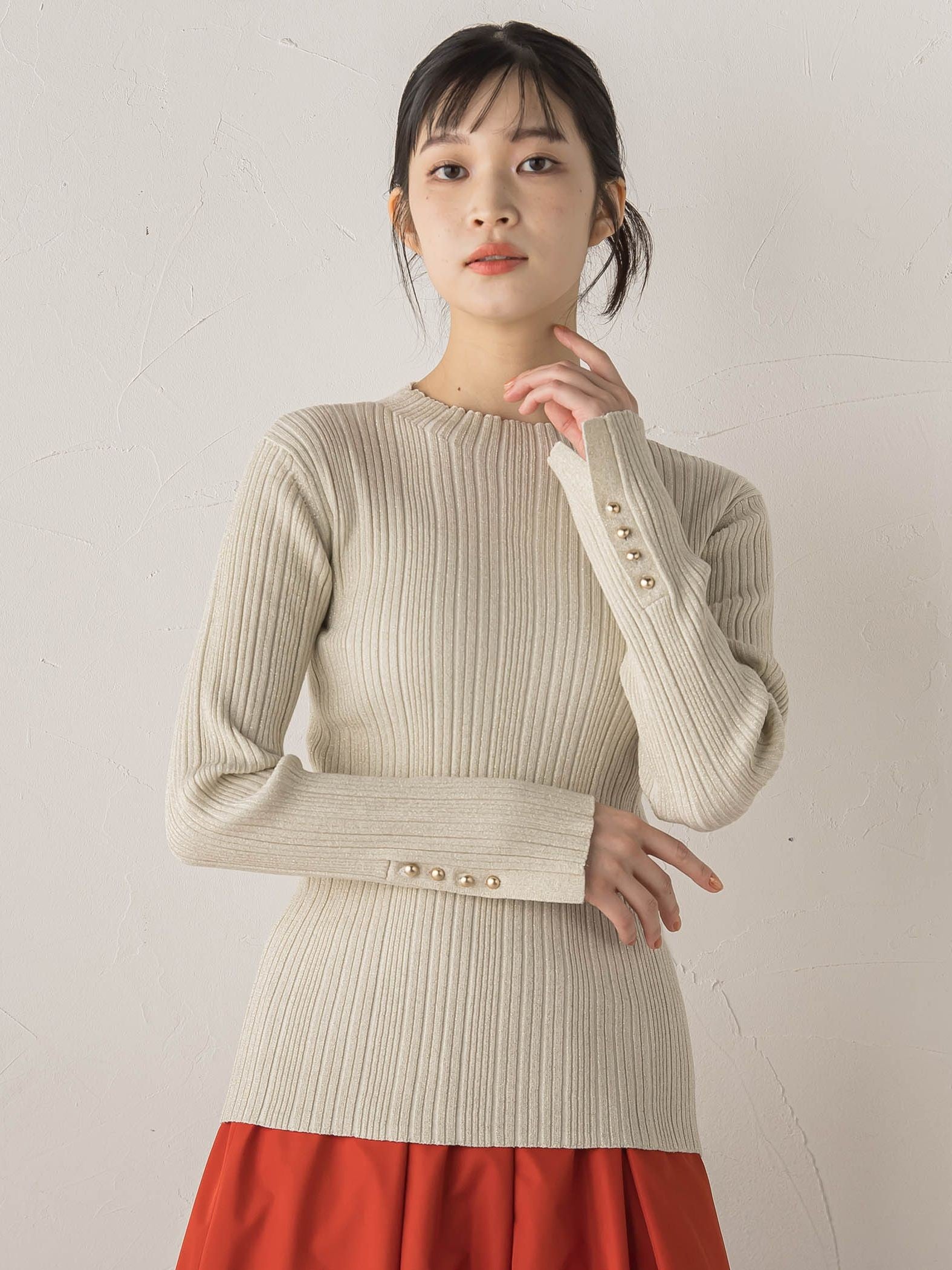 【新色追加】袖ボタンランダムリブニット≪手洗い可能≫