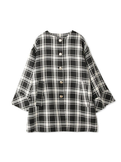 ツィーディチェックノーカラーコート≪手洗い可能≫