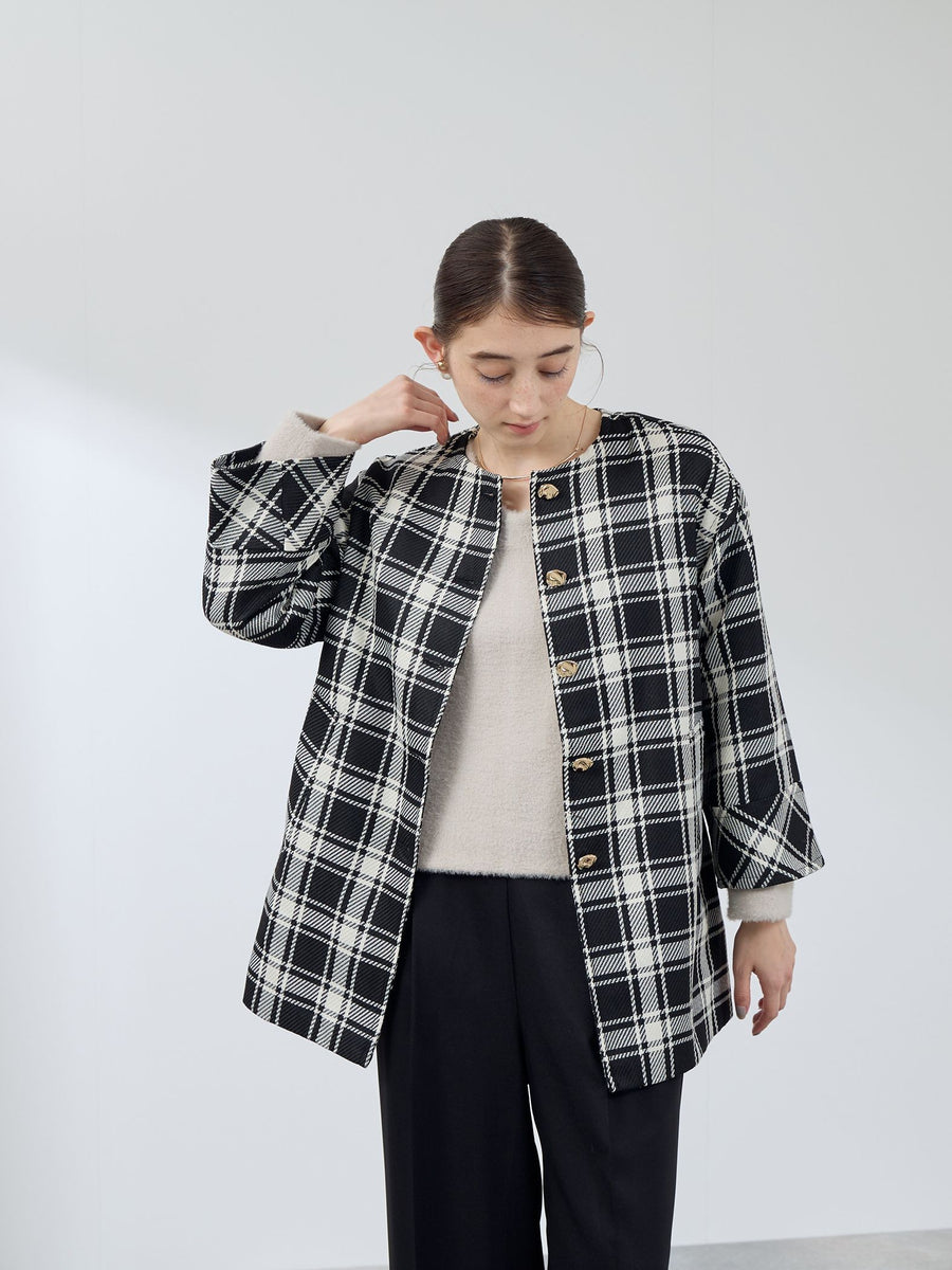 ツィーディチェックノーカラーコート≪手洗い可能≫ | QUEENS COURT