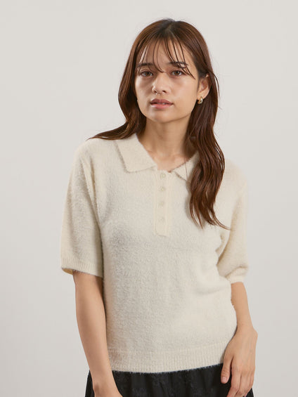 シャギーヤーンポロニットトップス≪手洗い可能≫