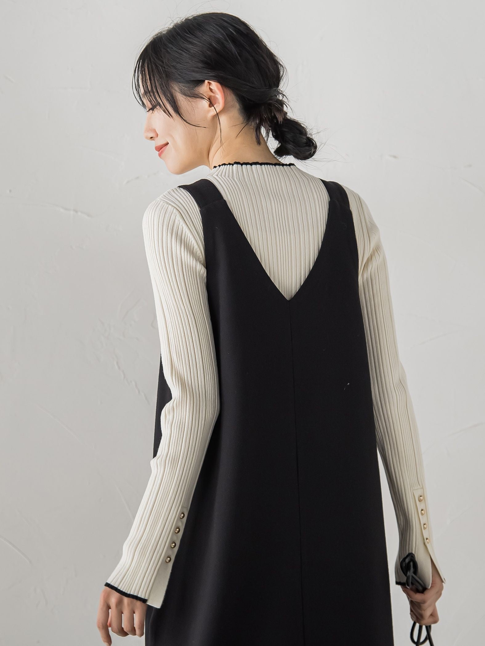 【新色追加】袖ボタンランダムリブニット≪手洗い可能≫