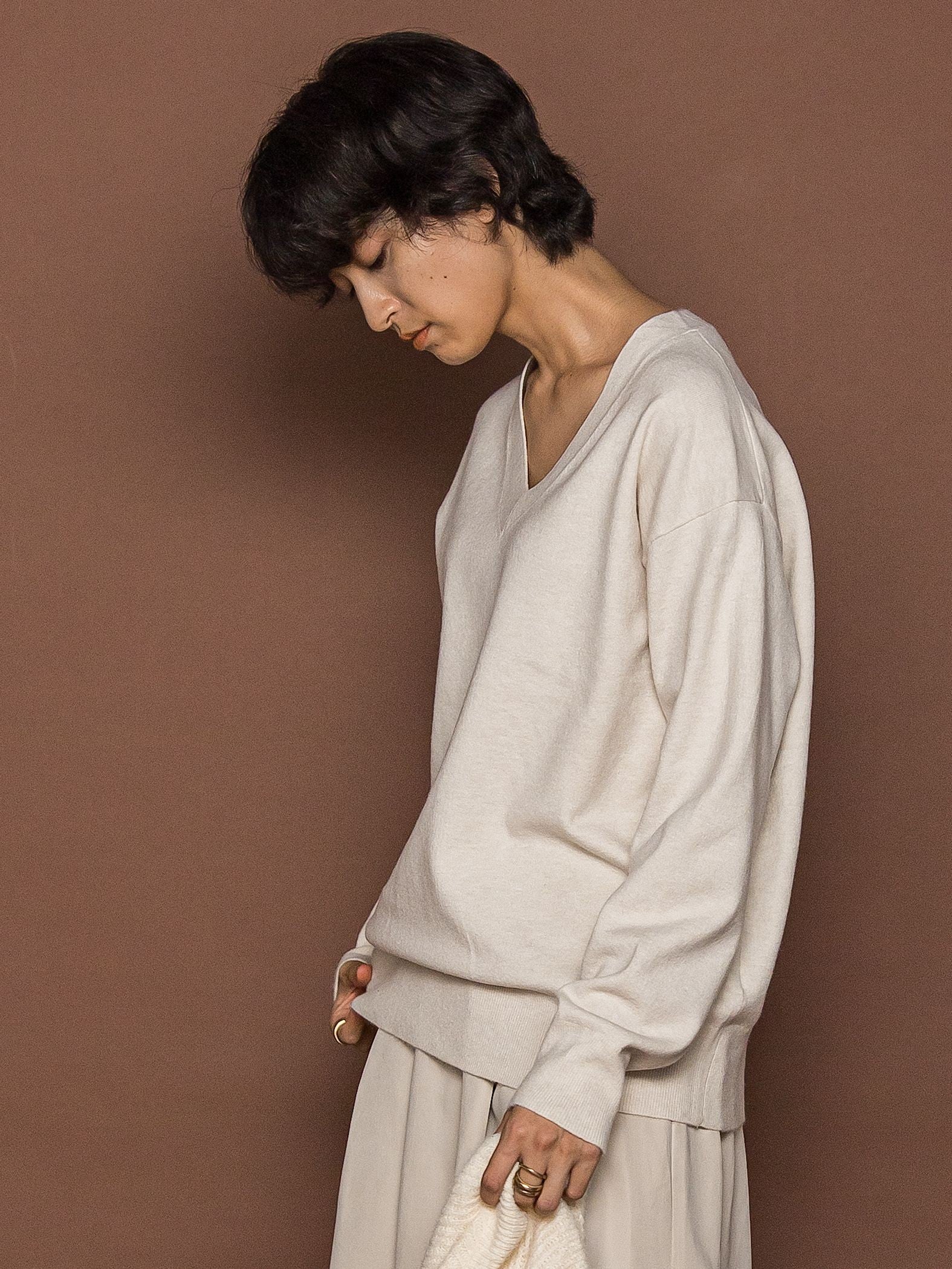 【ふわもち】Vネックニット≪洗濯機で洗える≫