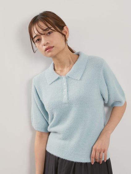 シャギーヤーンポロニットトップス≪手洗い可能≫