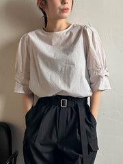 【WEB限定】ラメストライプ袖タックブラウス ≪手洗い可能≫