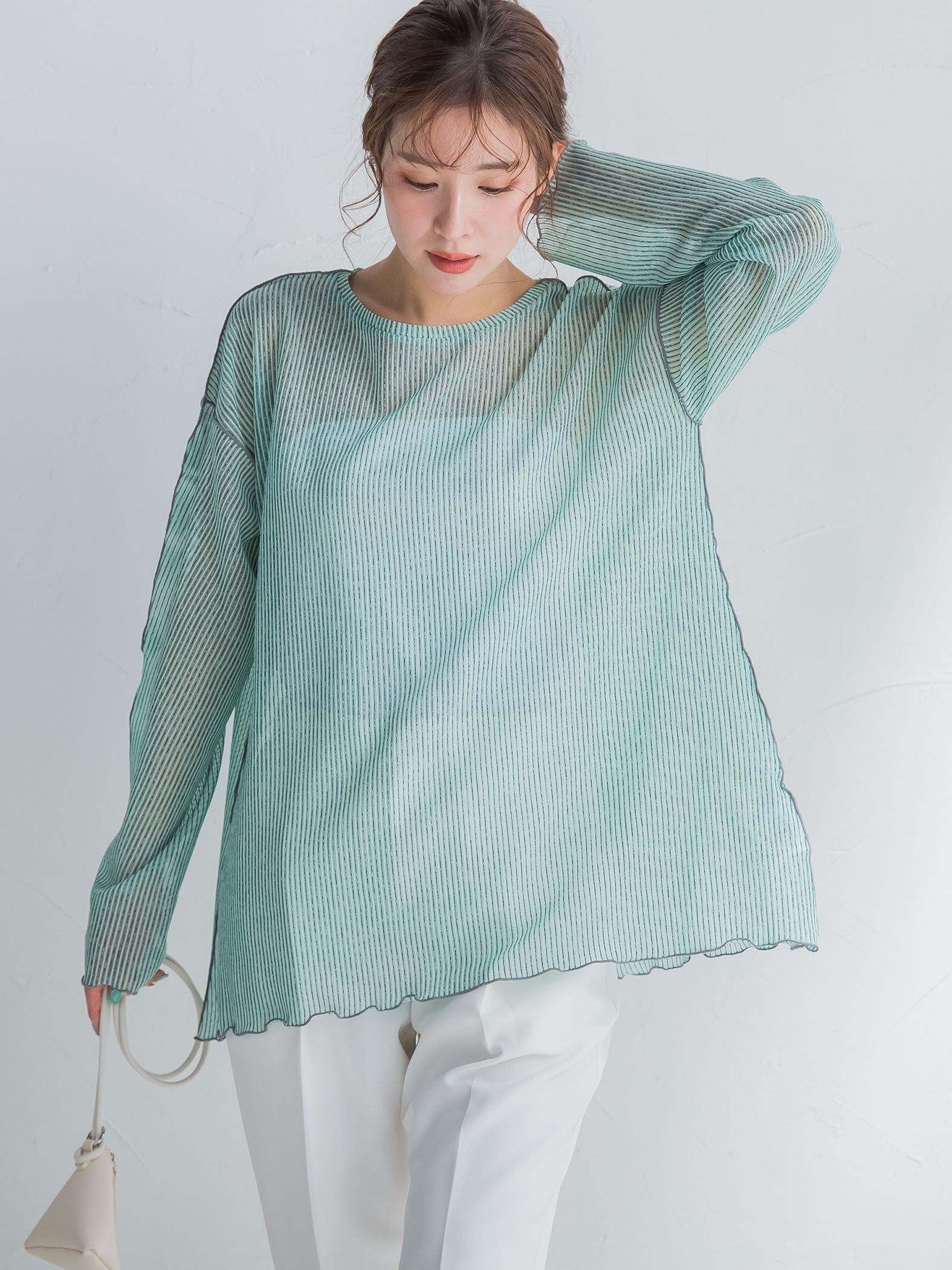 【コーディネートにこなれ感をプラス】ストライプシアーTシャツ《手洗い可能》