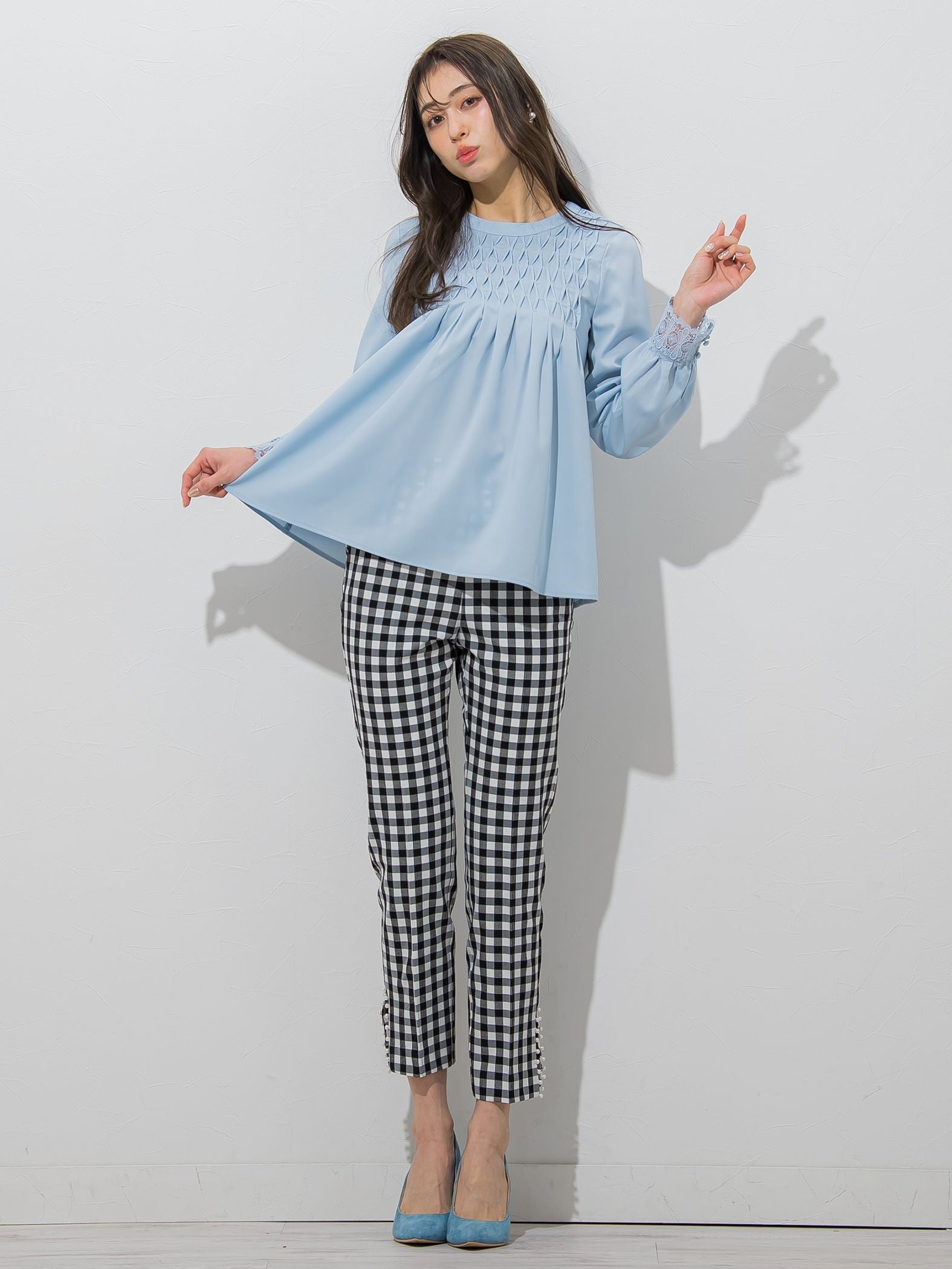 【大きいサイズ】プチパール付きスリットギンガムパンツ