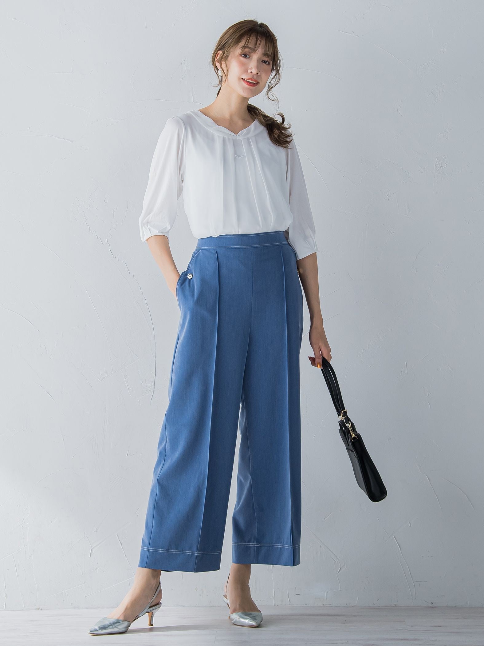 配色ステッチダンガリーストレートパンツ ≪洗濯機で洗える≫