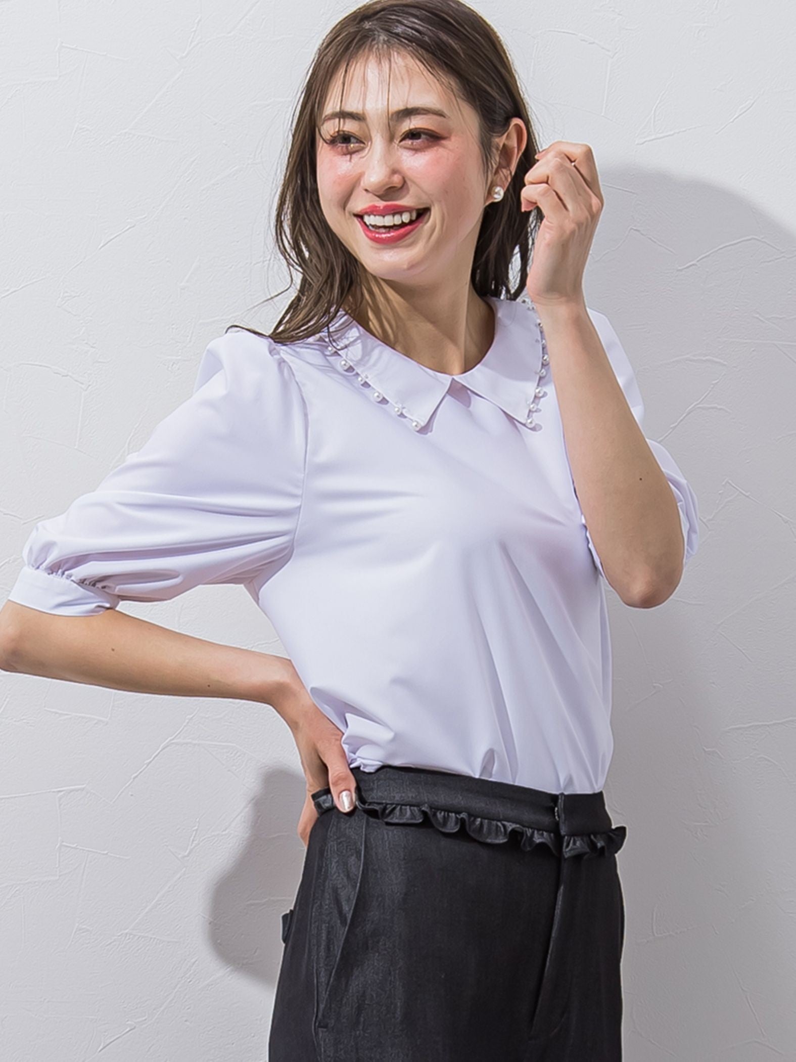 【大きいサイズ】衿プチパールブラウス≪洗濯機で洗える≫